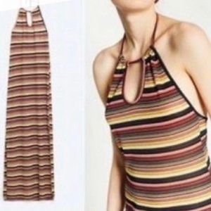 Zara Boho Striped Maxi Halter Stretch Dress Size Small